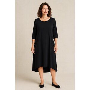 EILEEN FISHER 100% silk crepe dress cargo pockets hi lo hem midi 3/4 sleeve M